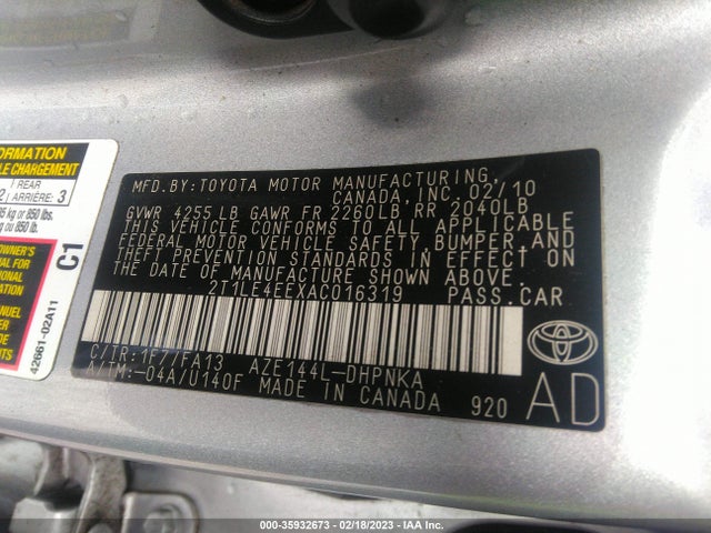 2010 TOYOTA MATRIX S VIN: 2T1LE4EEXAC016319