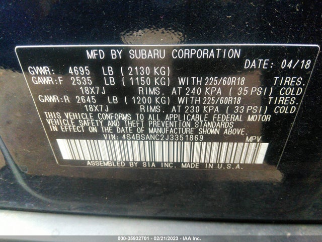 2018 Subaru Outback, VIN: 4S4BSANC2J3351869
