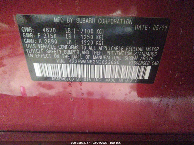 2022 Subaru Legacy, VIN: 4S3BWAN63N3023630
