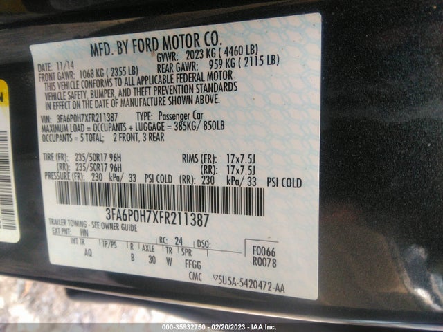 2015 FORD FUSION SE VIN: 3FA6P0H7XFR211387
