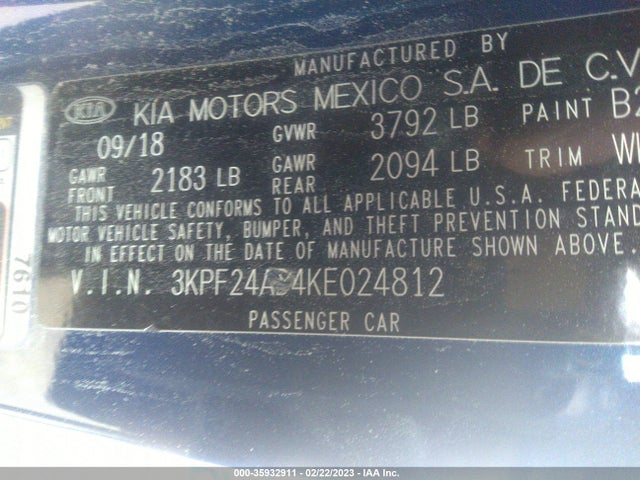 2019 KIA FORTE LXS VIN: 3KPF24AD4KE024812
