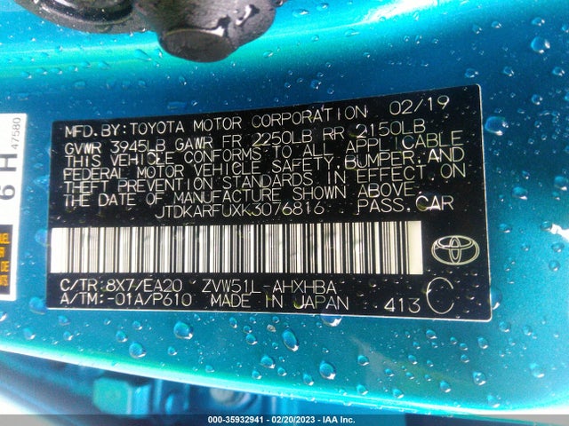 2019 Toyota Prius, VIN: JTDKARFUXK3076816