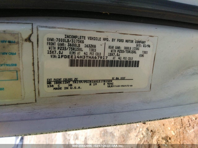 1996 FORD ECONOLINE E150 VAN VIN: 1FDEE14H3THA67917