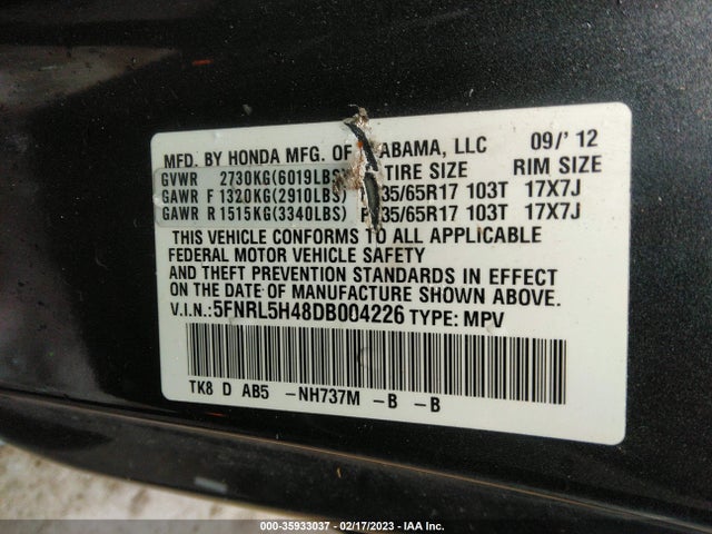 2013 HONDA ODYSSEY EX VIN: 5FNRL5H48DB004226