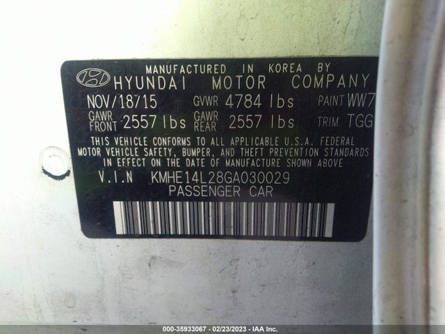 Hyundai SONATA PLUG-IN HYBRID 2016 KMHE14L28GA030029 Image 11