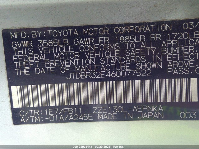 2006 TOYOTA COROLLA CE/LE VIN: JTDBR32E460077522