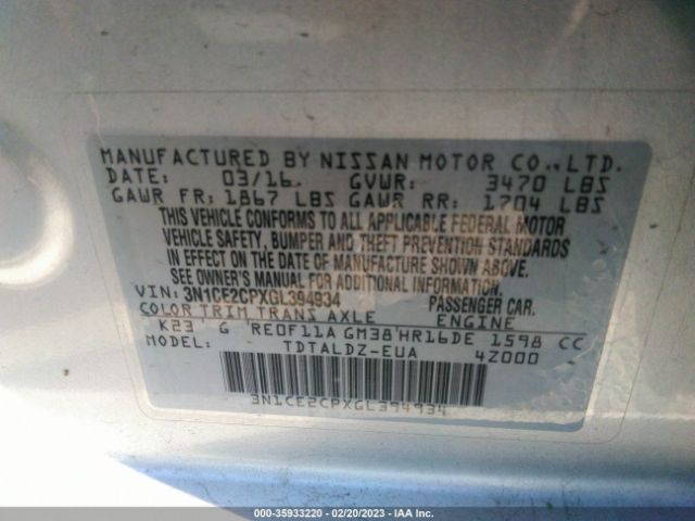 3N1CE2CPXGL394934 Nissan Versa Note Sv