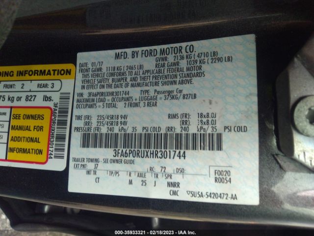 3FA6P0RUXHR301744 Ford FUSION HYBRID