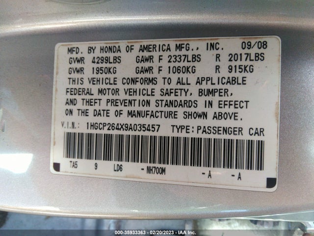 Honda ACCORD SDN 2009 1HGCP264X9A035457 Image 10