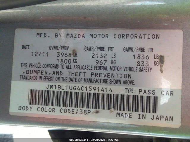 2012 MAZDA MAZDA3 I SPORT VIN: JM1BL1UG4C1591414