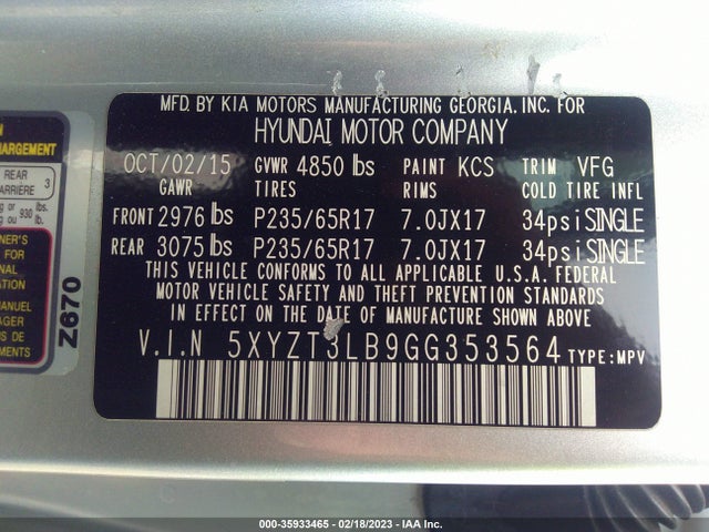 2016 Hyundai Santa Fe, VIN: 5XYZT3LB9GG353564