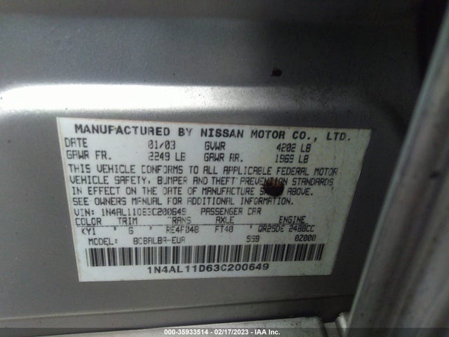 2003 NISSAN ALTIMA S VIN: 1N4AL11D63C200649