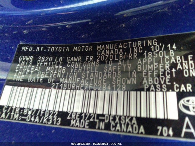 2015 TOYOTA COROLLA L/LE/S/S PLUS/LE PLUS VIN: 2T1BURHE7FC284128