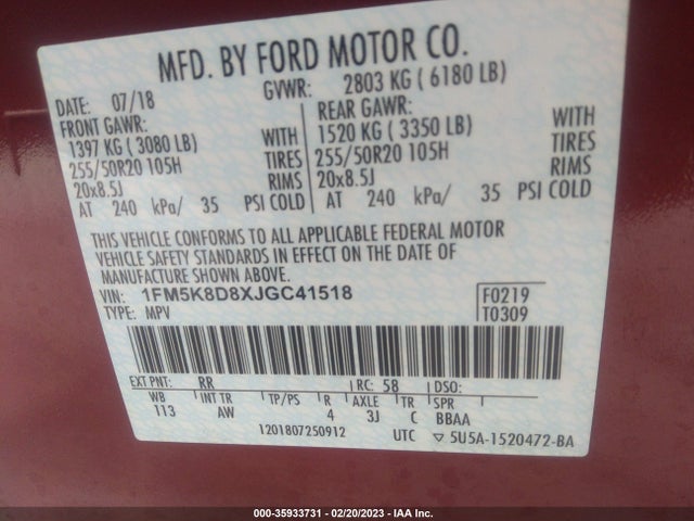 2018 FORD EXPLORER XLT VIN: 1FM5K8D8XJGC41518