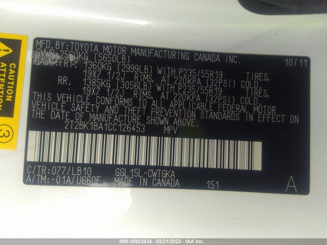 2T2BK1BA1CC126453 Lexus RX 350