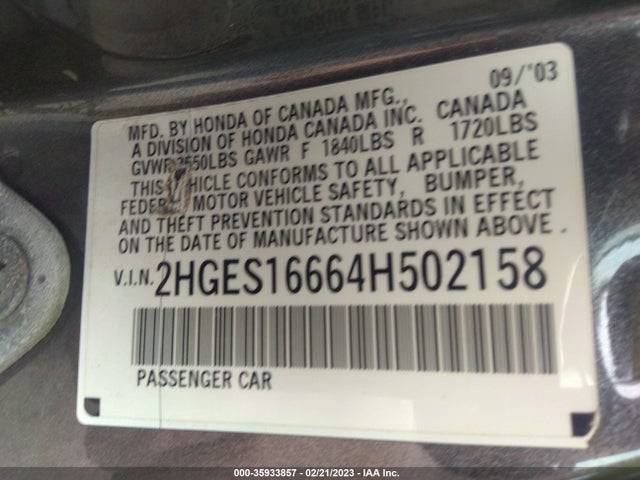 2004 HONDA CIVIC LX VIN: 2HGES16664H502158