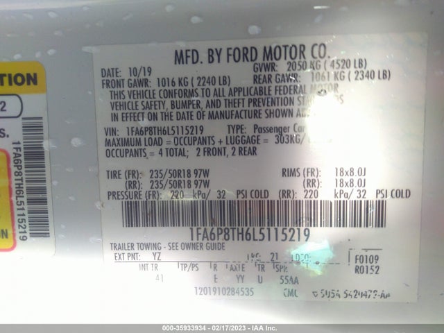2020 FORD MUSTANG ECOBOOST VIN: 1FA6P8TH6L5115219