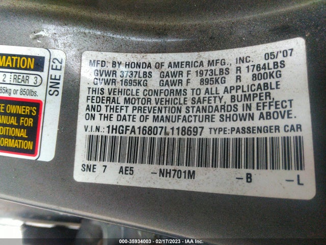 2007 HONDA CIVIC SDN EX VIN: 1HGFA16807L118697