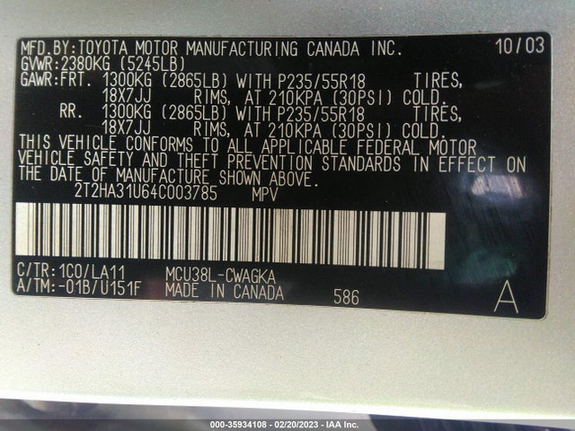 2T2HA31U64C003785 Lexus RX 330