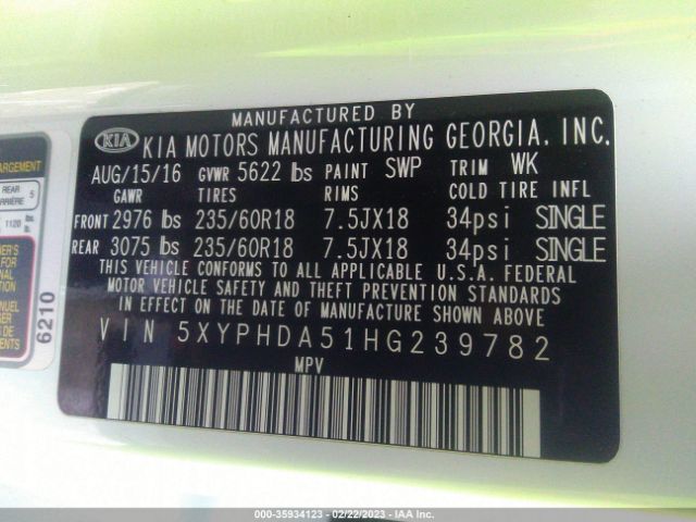 5XYPHDA51HG239782 KIA Sorento Ex V6
