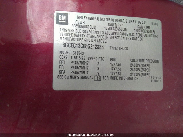 2008 CHEVROLET SILVERADO 1500 LT W/1LT VIN: 3GCEC13C08G212333