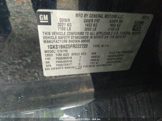 GMC YUKON SLT 2015 1GKS1BKC5FR222728 Image 9