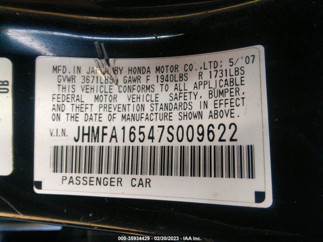 2007 HONDA CIVIC SDN LX VIN: JHMFA16547S009622
