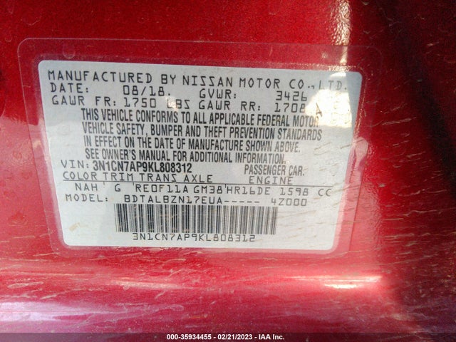 2019 Nissan Versa, VIN: 3N1CN7AP9KL808312
