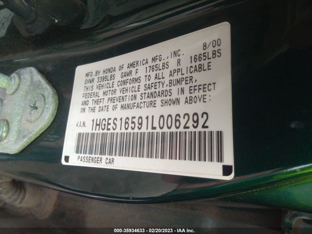 2001 HONDA CIVIC LX VIN: 1HGES16591L006292