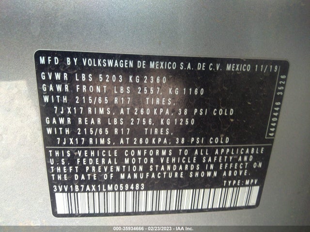 3VV1B7AX1LM059483 Volkswagen TIGUAN S