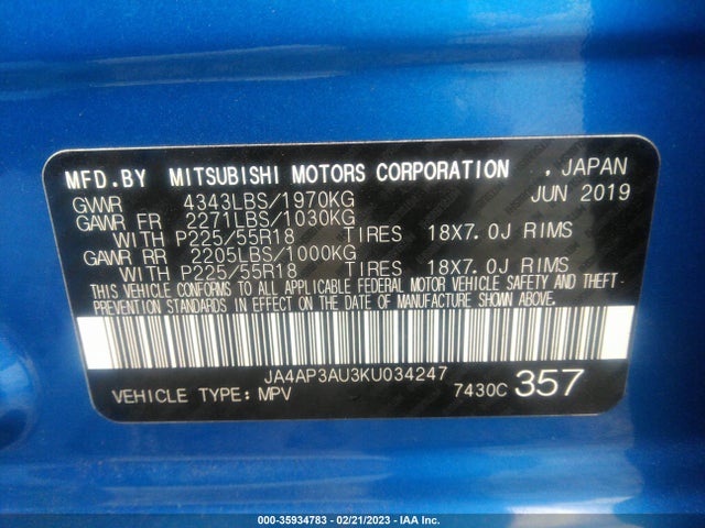 2019 Mitsubishi Outlander, VIN: JA4AP3AU3KU034247