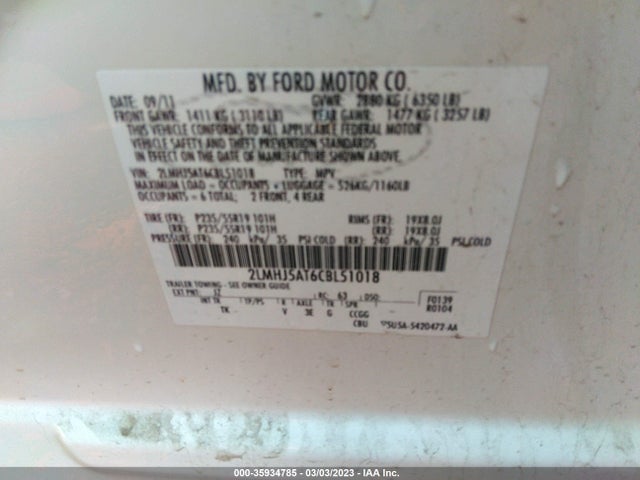 2012 LINCOLN MKT W/ECOBOOST VIN: 2LMHJ5AT6CBL51018