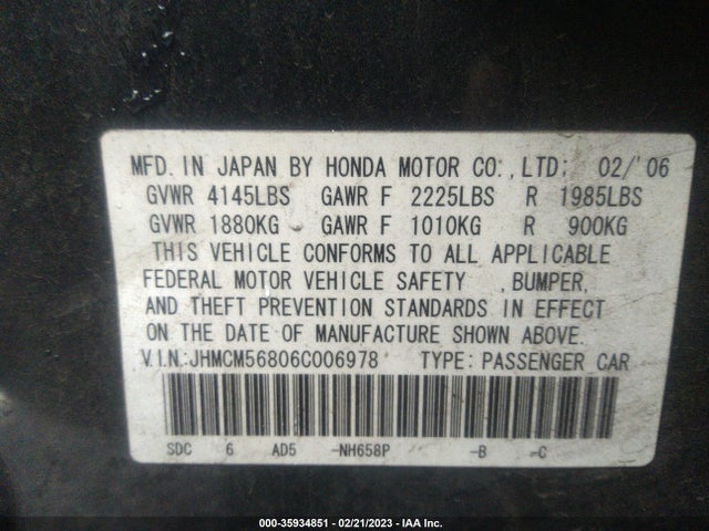 2006 HONDA ACCORD SDN EX-L VIN: JHMCM56806C006978