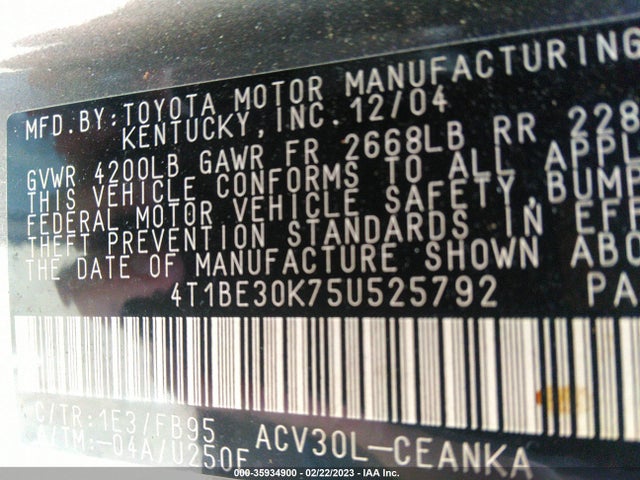 2005 TOYOTA CAMRY LE/SE/XLE VIN: 4T1BE30K75U525792