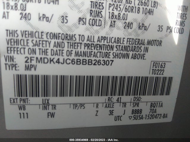2011 FORD EDGE SEL VIN: 2FMDK4JC6BBB26307