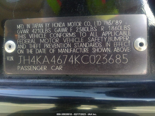 1989 ACURA LEGEND LS VIN: JH4KA4674KC023685