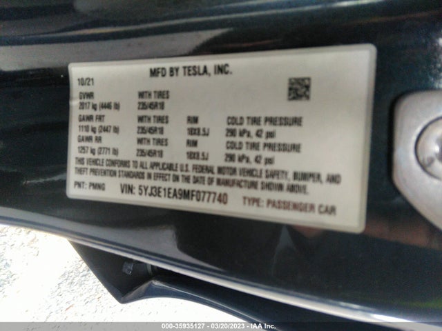 Tesla Model 3 Standard Range Plus 2021 5YJ3E1EA9MF077740 Image 9