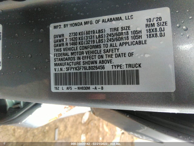 2020 Honda Ridgeline, VIN: 5FPYK3F76LB026456