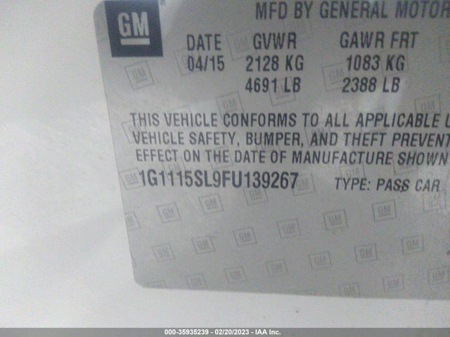 2015 CHEVROLET IMPALA LT VIN: 1G1115SL9FU139267