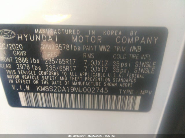 2021 Hyundai Santa Fe, VIN: KM8S2DA19MU002745