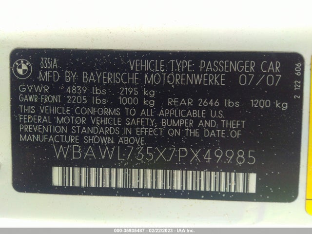 2007 BMW 3 SERIES 335I VIN: WBAWL735X7PX49985