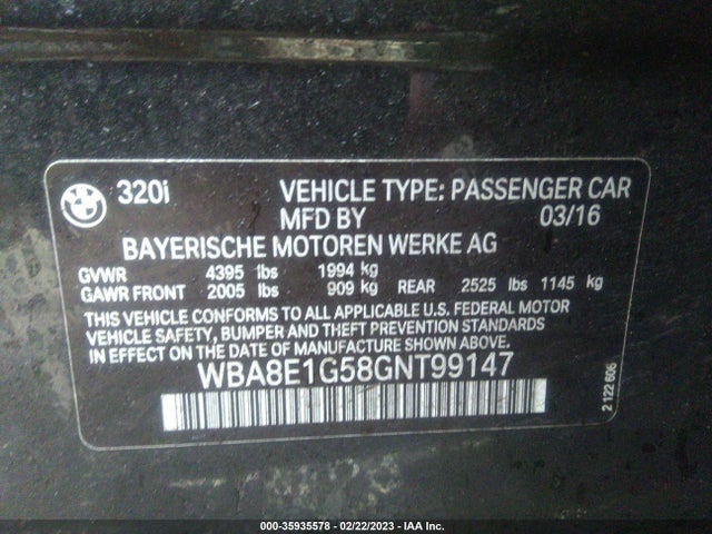 BMW 3 Series 320i 2016 WBA8E1G58GNT99147 Image 9