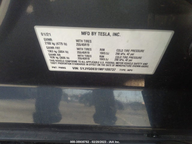 Tesla Model Y Standard Range 2021 5YJYGDED1MF109737 Image 9