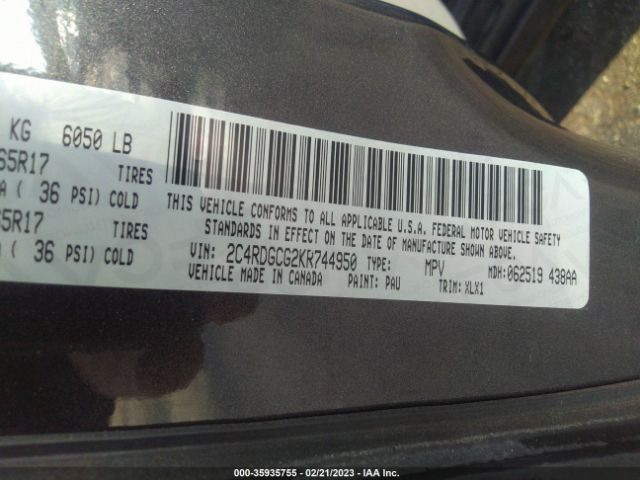 2C4RDGCG2KR744950 Dodge Grand Caravan Sxt