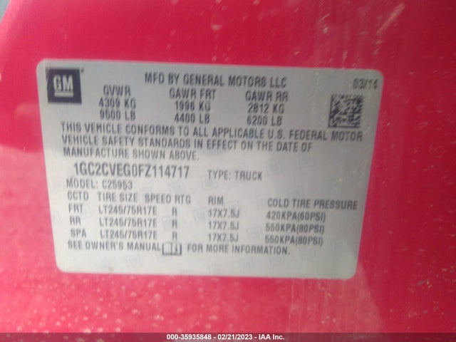 2015 CHEVROLET SILVERADO 2500HD LT VIN: 1GC2CVEG0FZ114717