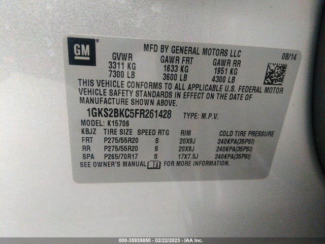 GMC YUKON SLT 2015 1GKS2BKC5FR261428 Image 9