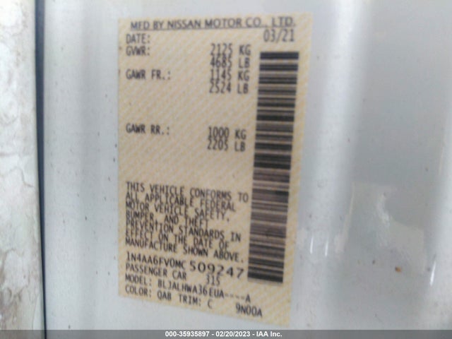 2021 Nissan Maxima, VIN: 1N4AA6FV0MC509247