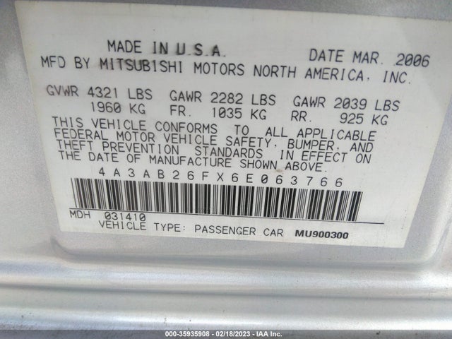4A3AB26FX6E063766 Mitsubishi Galant De