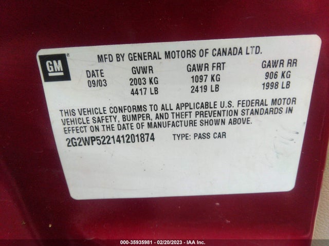2004 PONTIAC GRAND PRIX GT1 VIN: 2G2WP522141201874