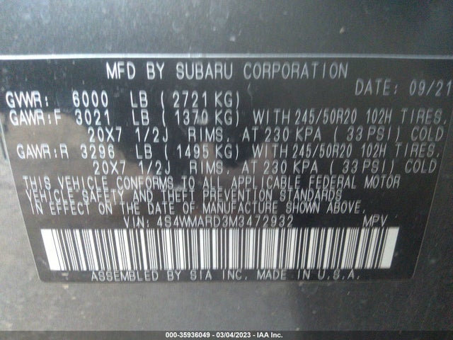 2021 Subaru Ascent, VIN: 4S4WMARD3M3472932